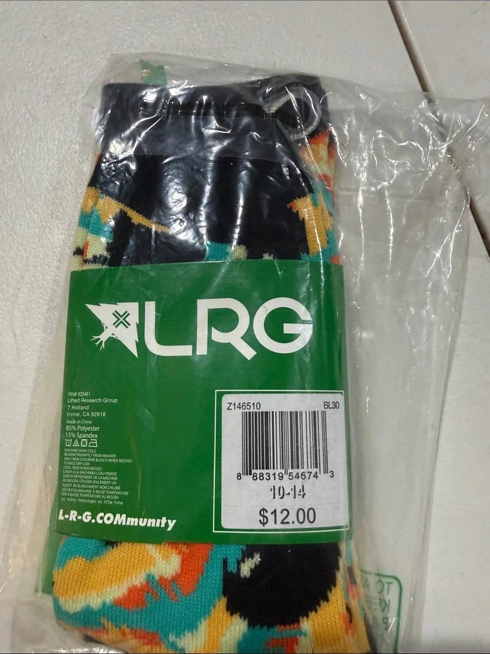Brand New LRG Men’s Multicolor Patterned Crew Socks - Black Accent Size 10-14
